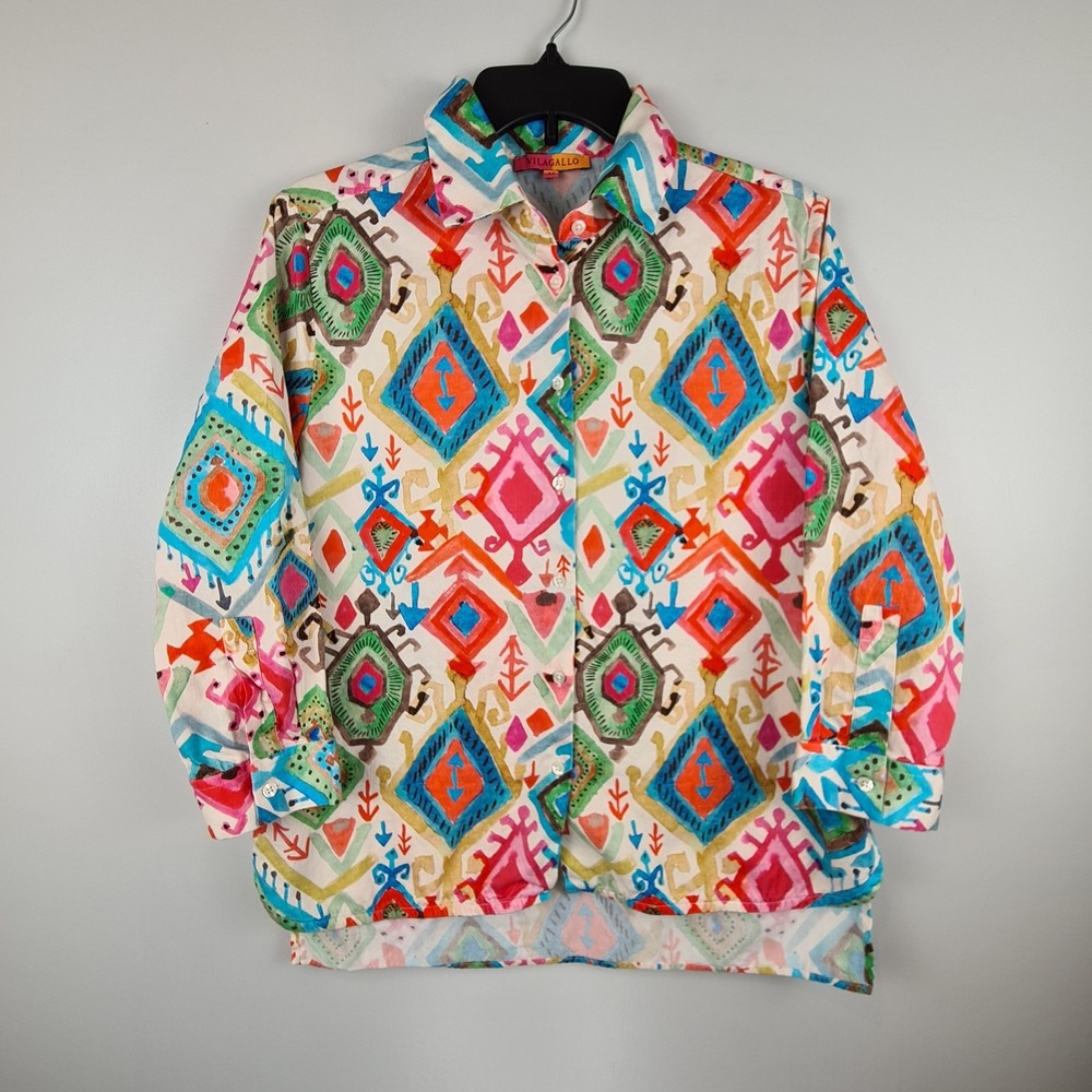 Vilagallo Women's Long Sleeve Collared Ikat Watercolor Shirt Top Size 42‎ Large
